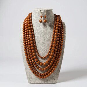 Five Layers Brown Lucite Bead Necklace earring Set